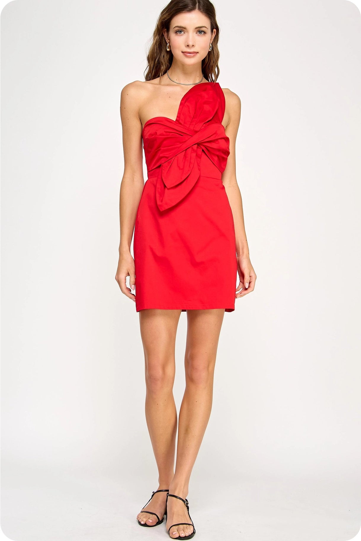 Knotted Flower Bow Mini Dress - Cherry Red