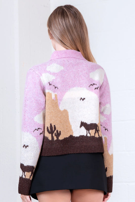 Cozy Sweater Knit Horse Cardigan - Pink/Taupe - Spinout