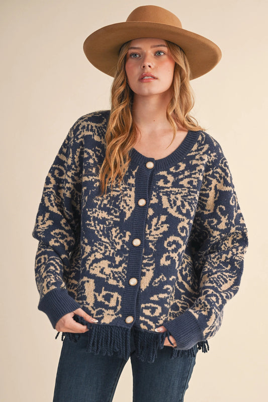 Floral Knit Fringed Sweater Cardigan - Navy Taupe