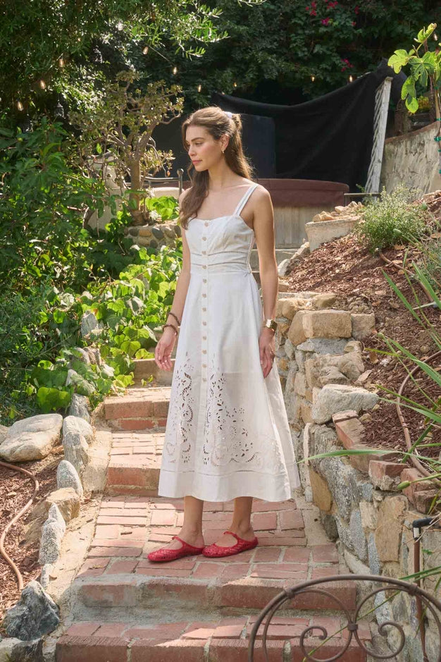 Eyelet Detail Button Down Sleeveless Midi Dress - Off-White