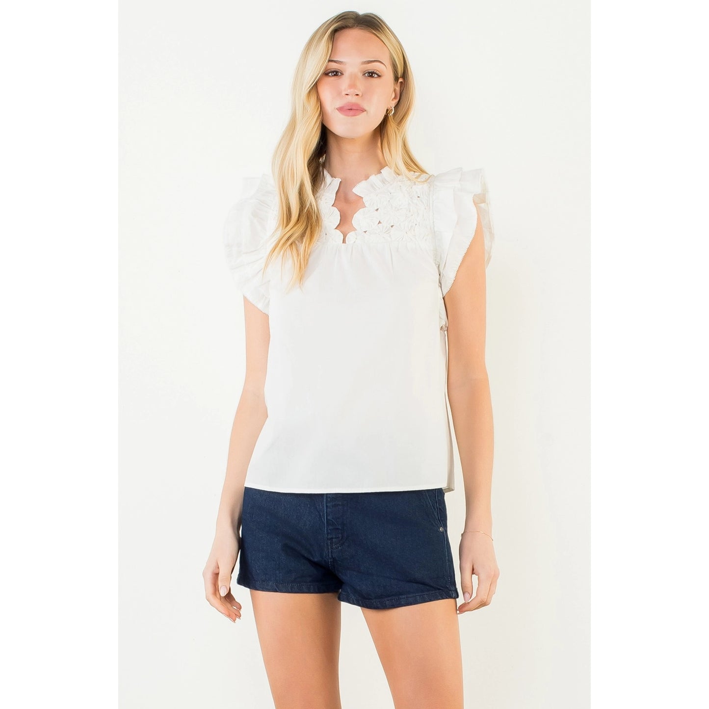 Flutter Sleeve Top w/ Embellished Yoke - White