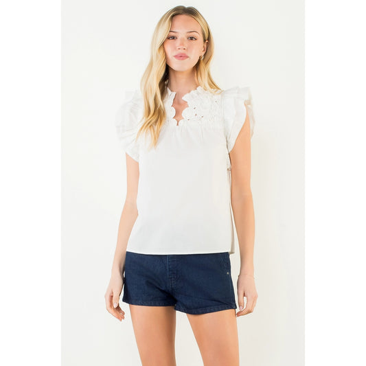 Flutter Sleeve Top w/ Embellished Yoke - White