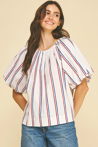 USA Inspired Stripe Blouse Top - White