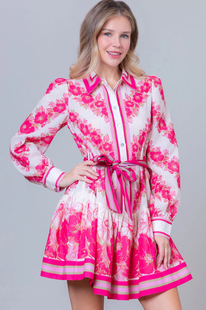 Long Sleeve Button Up Printed Dress w/Self Tie - Pink Multi - Spinout