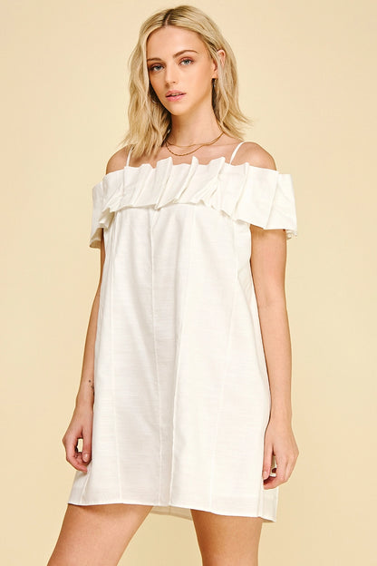Ruffled Off Shoulder Mini Dress - Off White