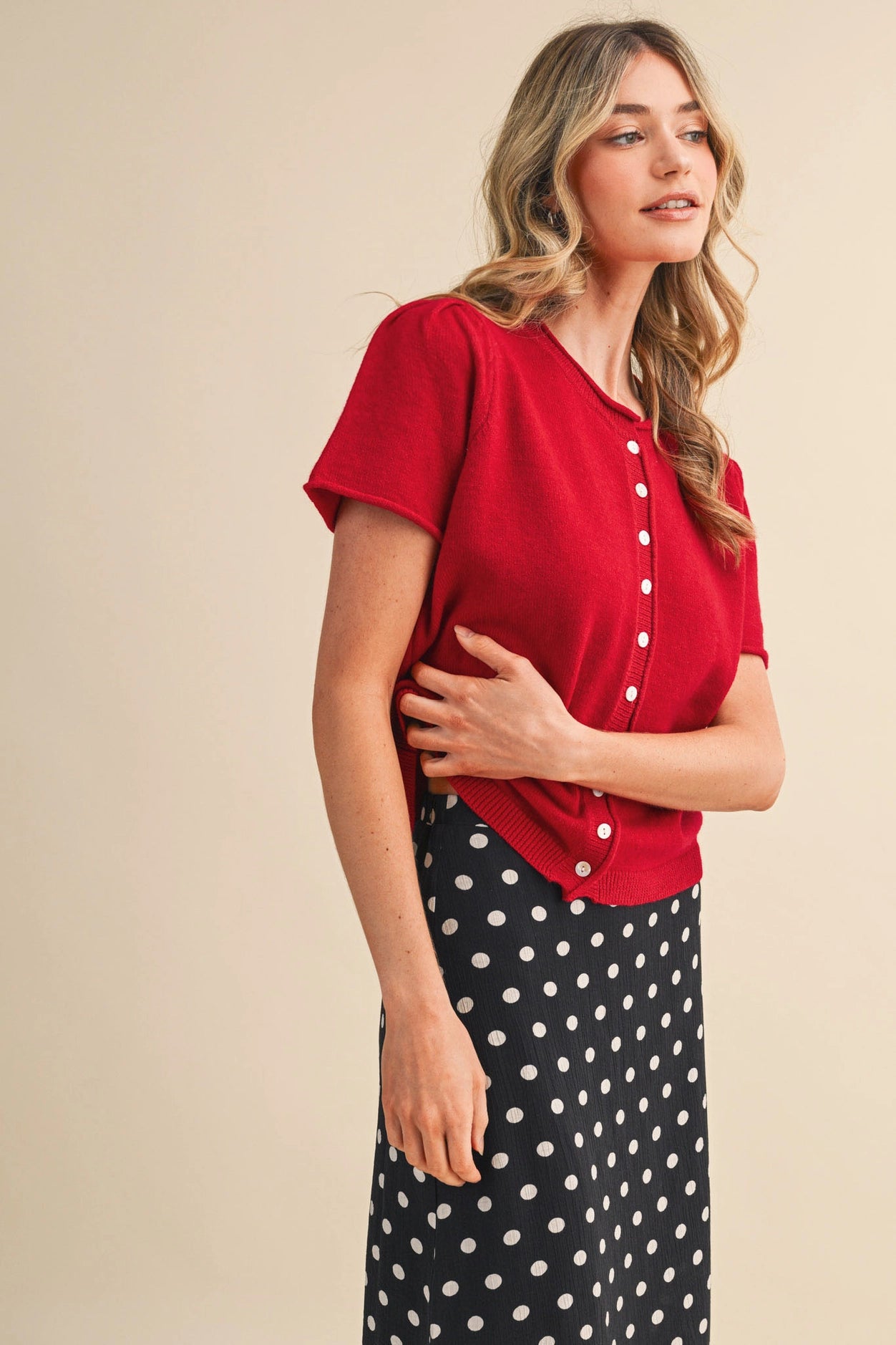 Short Sleeve Sweater Cardigan - Red