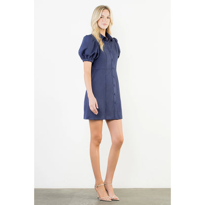 Puff Sleeve Button Up Suede Dress - Navy