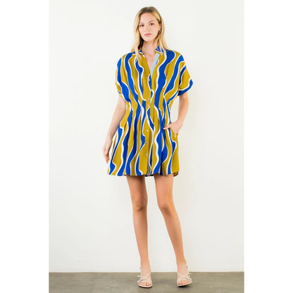 Short Sleeve Wavy Striped Pattern Dress - Olive