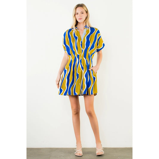 Short Sleeve Wavy Striped Pattern Dress - Olive