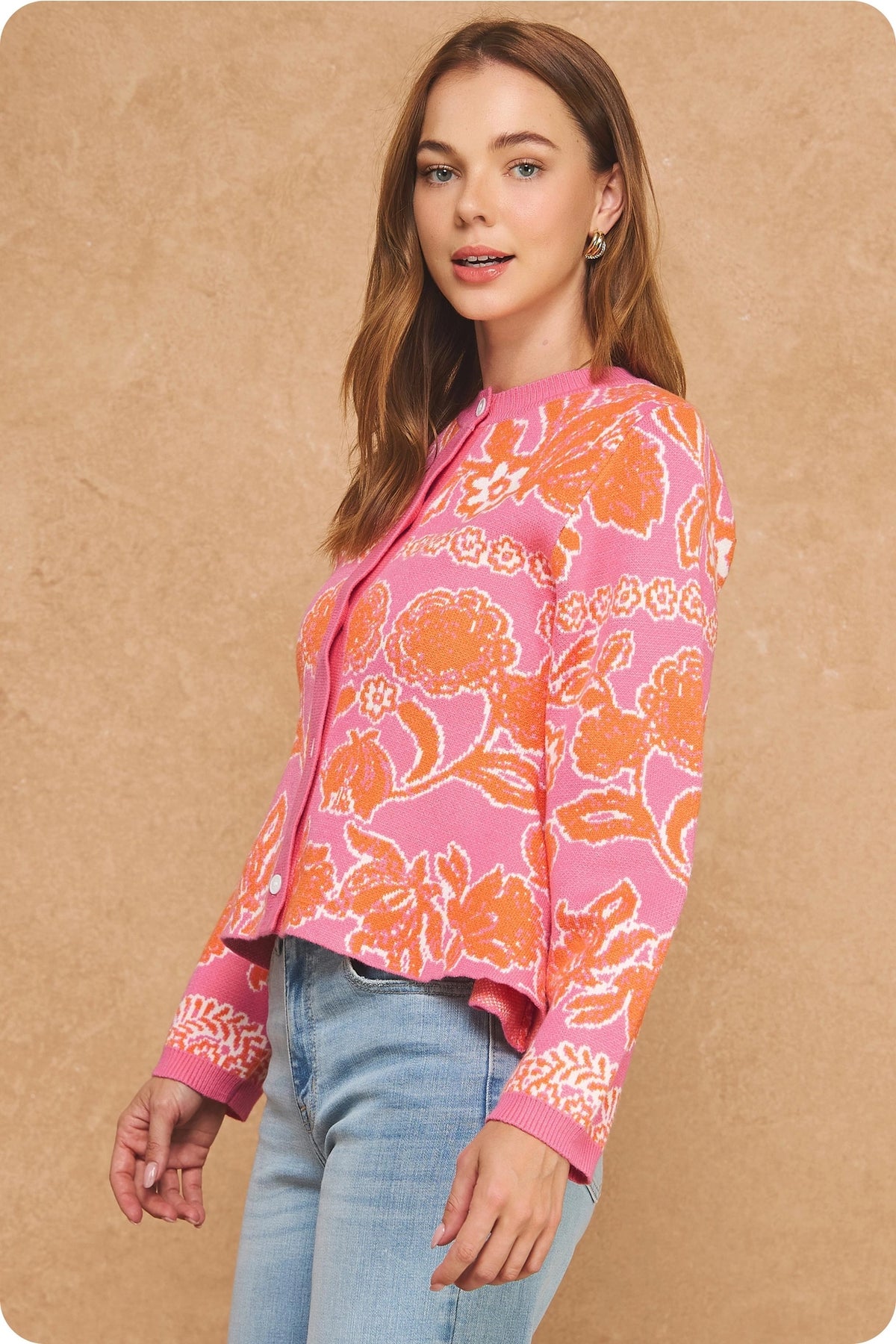 Floral Intarsia Peplum Button Down Cardigan - Pink/Orange