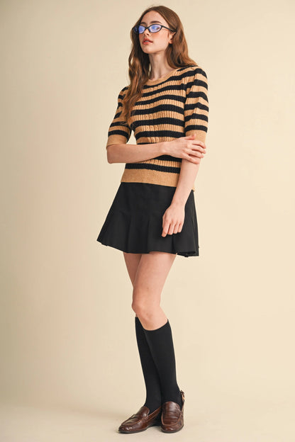 Striped Cable Knit Short Sleeve Sweater - Sand Black