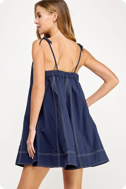 Contrast Top Stitch Mini Dress - Navy - Spinout