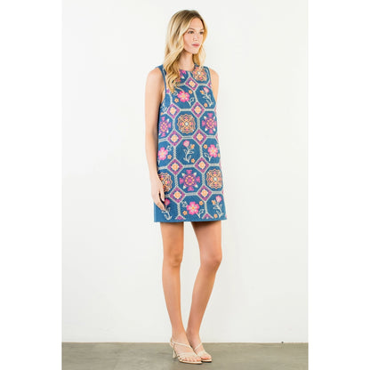 Sleeveless Embroidery Detail Dress - Denim Blue - Spinout