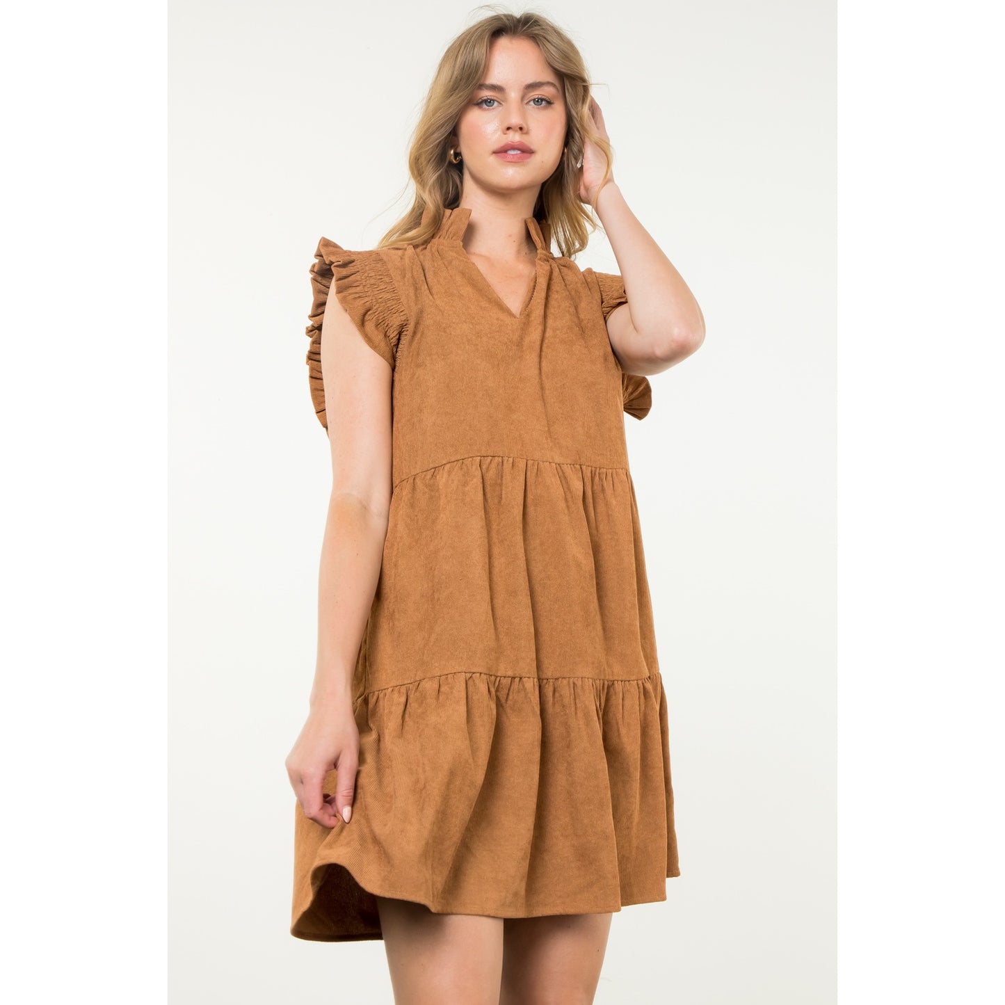 THML - Flutter Sleeve Corduroy Midi Dress - Camel