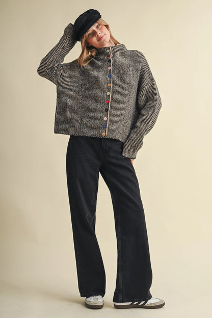 Striped Sweater Cardigan with Colorful Buttons - Black Taupe