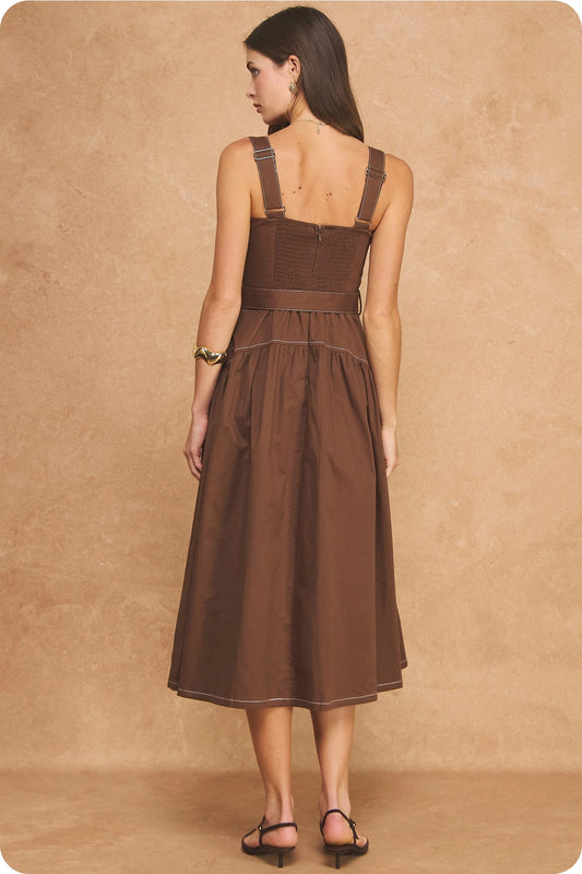 Contrast Top Stitch Sweetheart Belted A-Line Midi Dress - Chocolate Brown