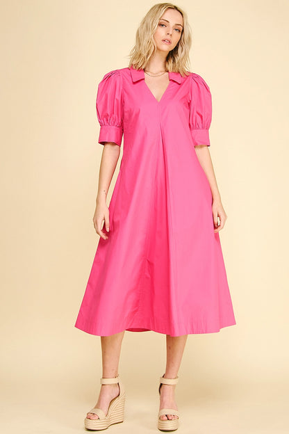 V-Neck Pleated A-Line Dress - Fuchsia