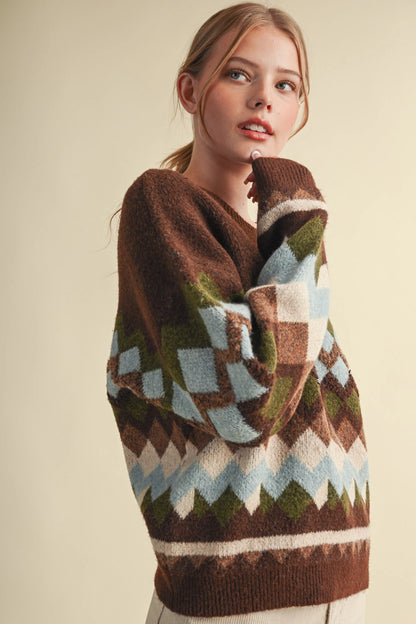 Fuzzy Texture Geometric Knit Sweater - Brown Multi