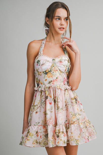 Floral Halter Mini Dress - Peach