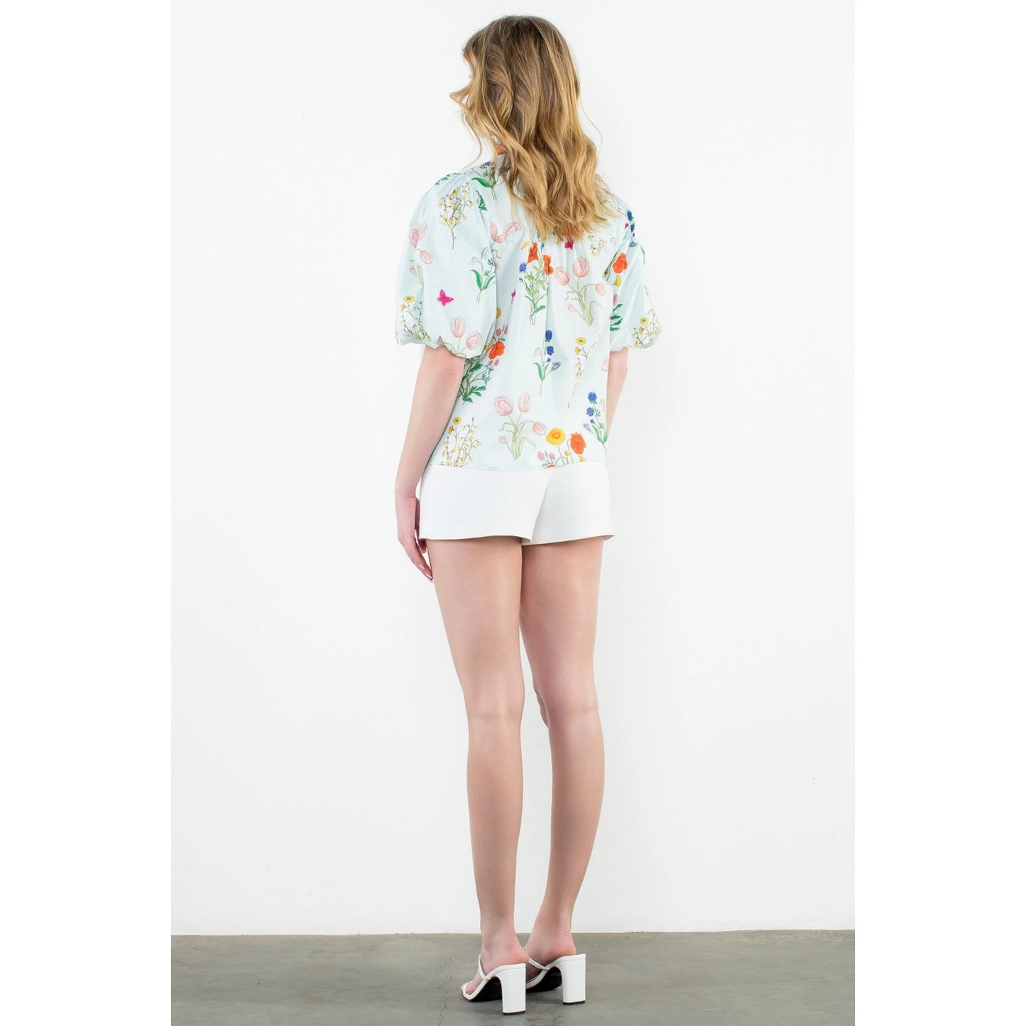 THML - Puff Sleeve Floral Top - Light Blue