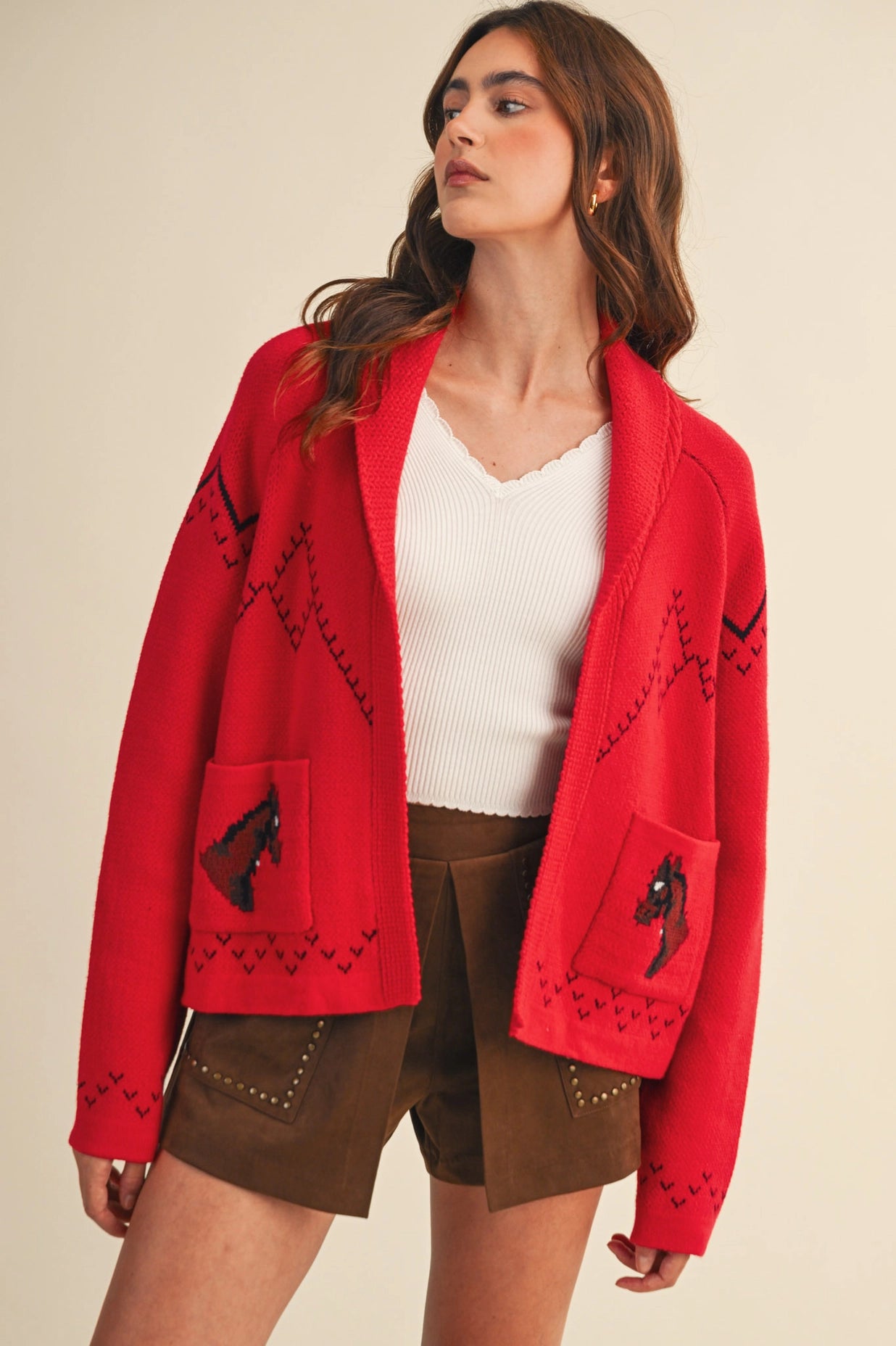Horse Knit Sweater Cardigan - Red