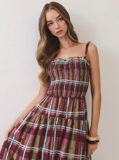 Plaid Smocked Tiered Maxi Dress - Burgundy