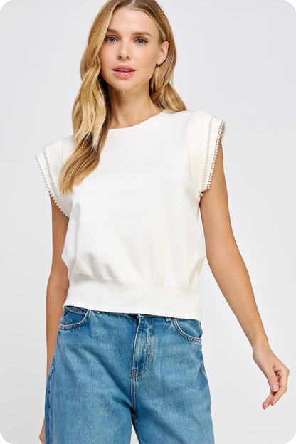 Pearl Trim Sleeveless Knit Sweater Top - Ivory