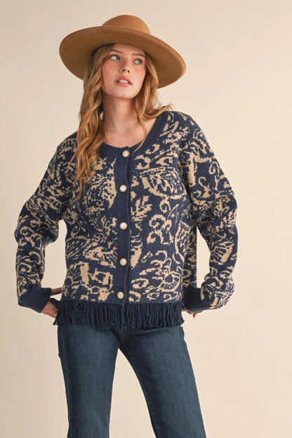 Floral Knit Fringed Sweater Cardigan - Navy Taupe