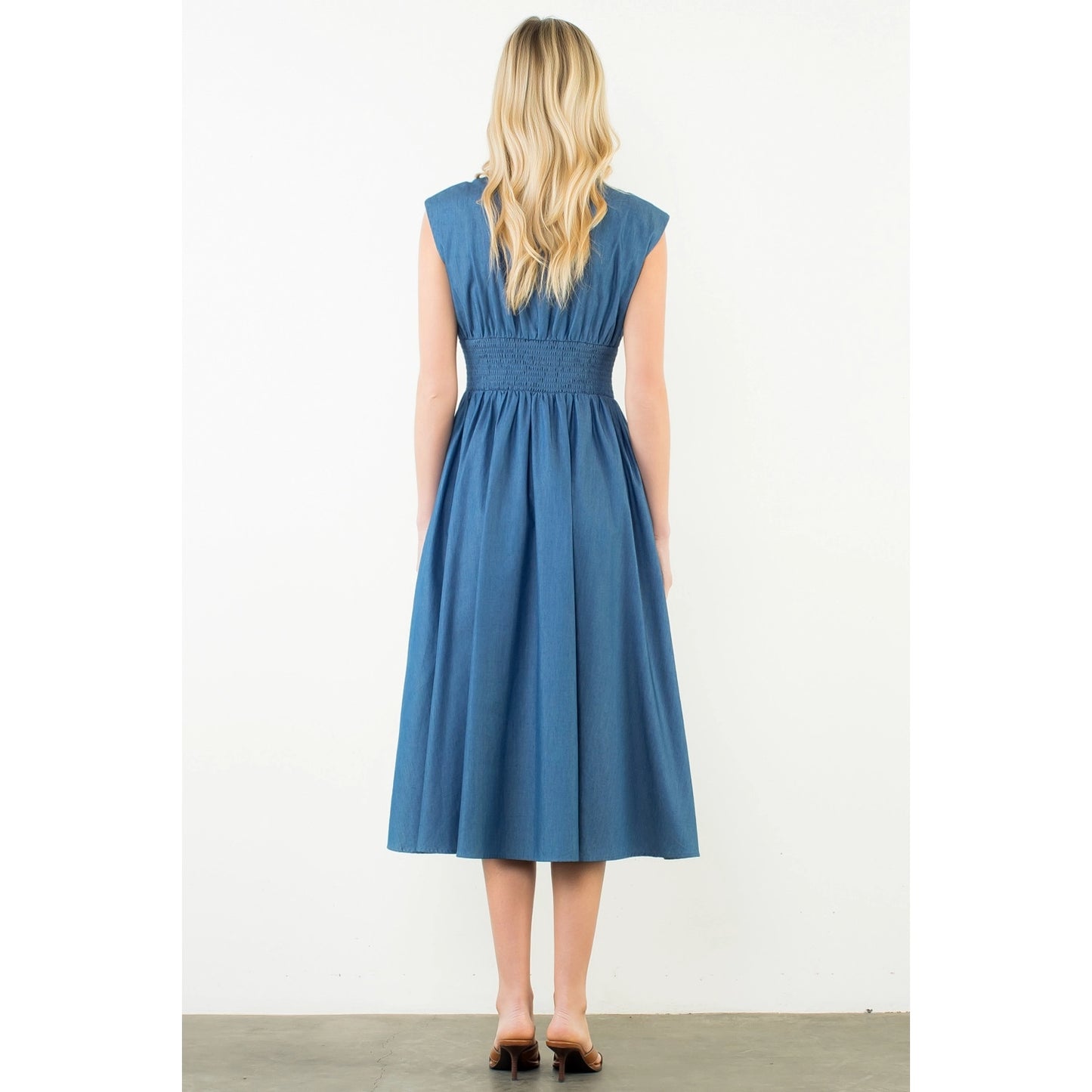 Sleeveless Denim Smocked Waist Dress - Denim Blue