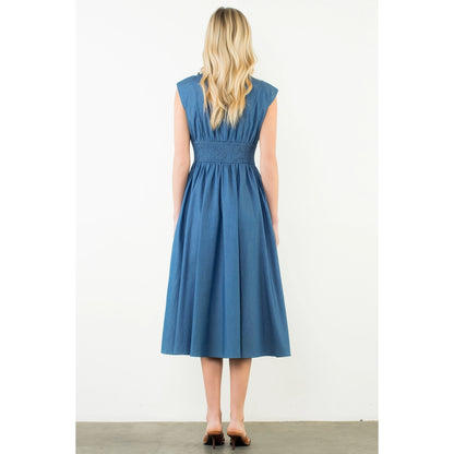 Sleeveless Denim Smocked Waist Dress - Denim Blue