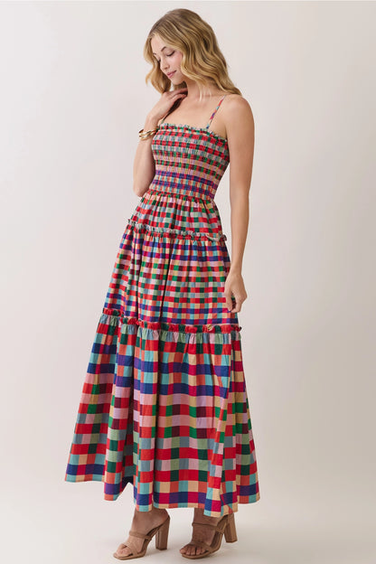 Smocked Bodice Plaid Tiered Maxi Dress - Multi