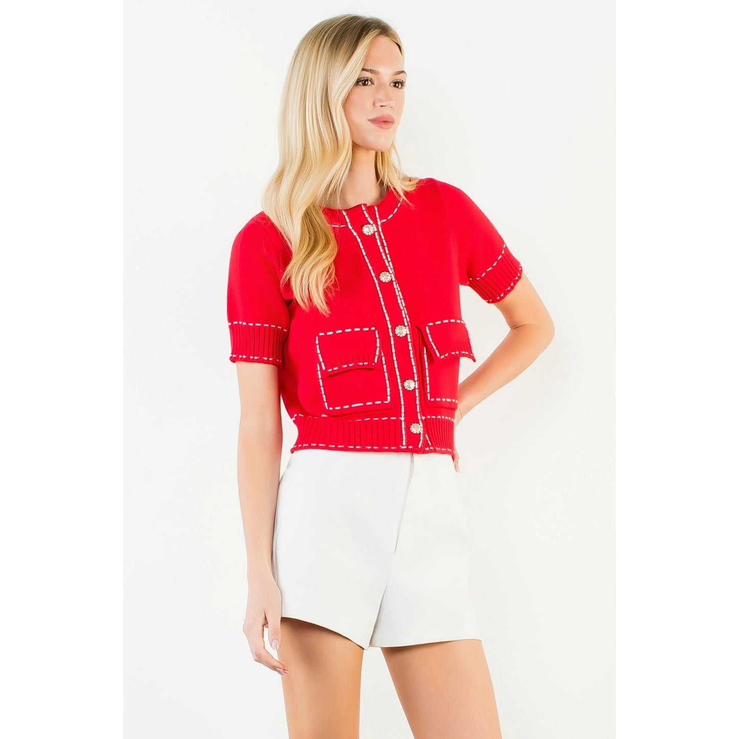 Short Sleeve Knitted Button Up Top - Red