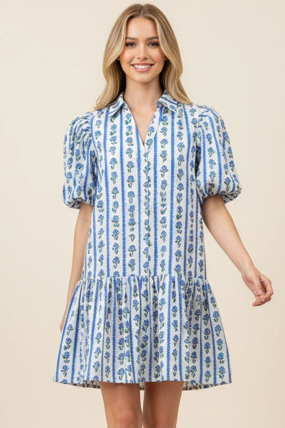 Floral Stripe Puffed Sleeve Mini Dress - Blue