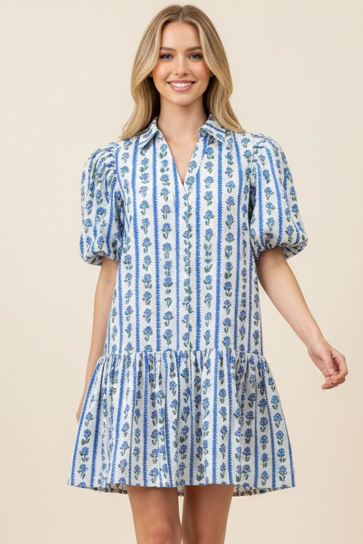 Floral Stripe Puffed Sleeve Mini Dress - Blue