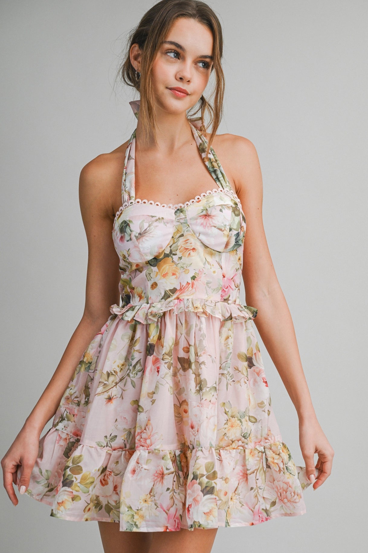 Floral Halter Mini Dress - Peach