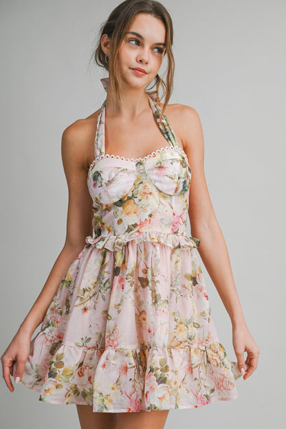 Floral Halter Mini Dress - Peach