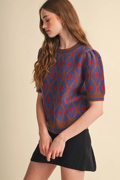 Geometric Knit Short Sleeve Sweater - Blue Brown