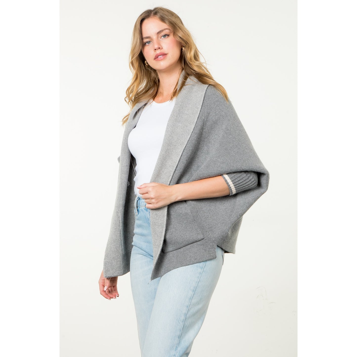 THML - Solid Knit Heart Cardigan - Heather Grey