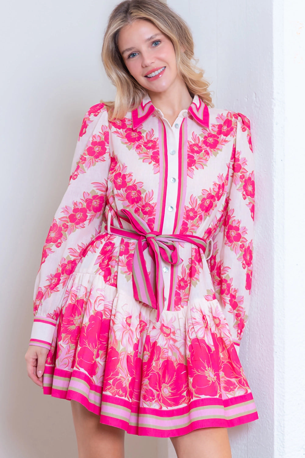 Long Sleeve Button Up Printed Dress w/Self Tie - Pink Multi - Spinout