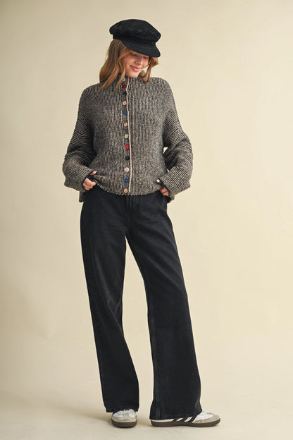 Striped Sweater Cardigan with Colorful Buttons - Black Taupe