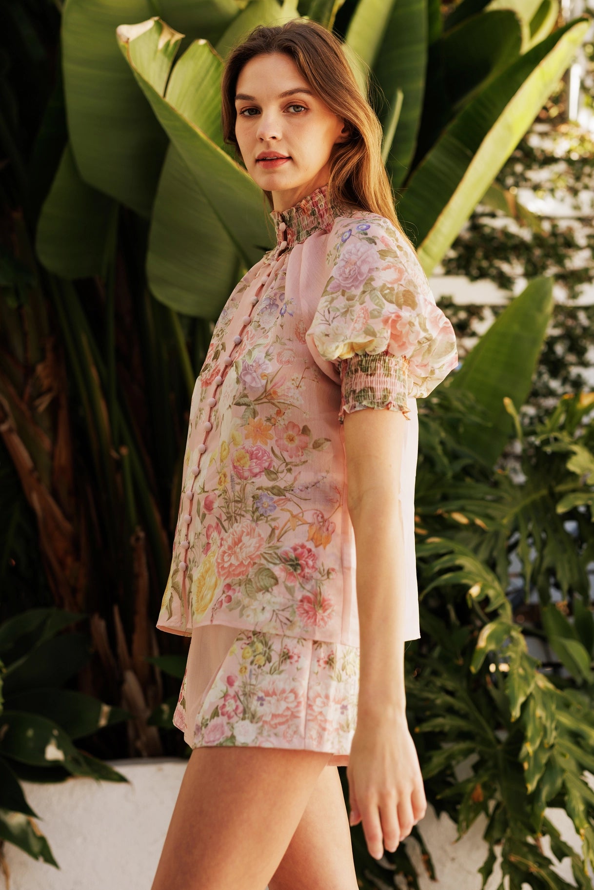 Floral Button Up Top and Short Set - Powder Pink Flower