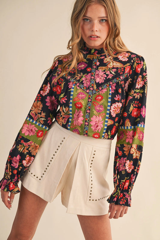 Exclusive Floral Border Print Top with Floral Trim - Black Multi Floral
