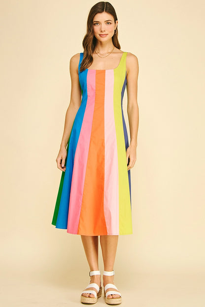 Rainbow Colorblock A-Line Midi Dress - Multi Stripe