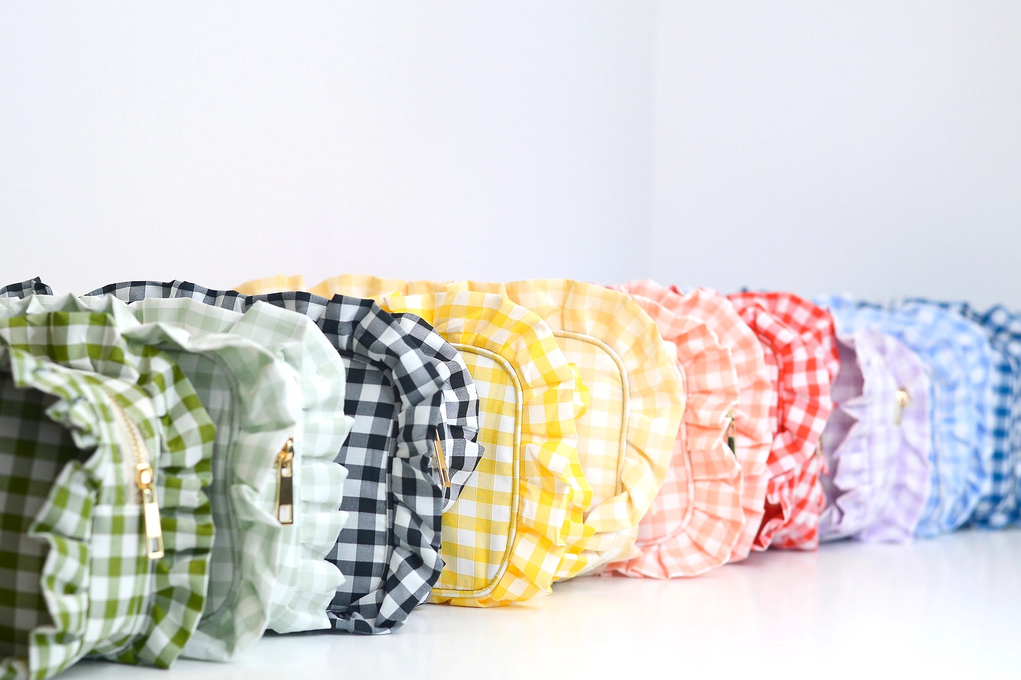 Gingham Ruffle Zipper Pouch Embroidery Friendly Cosmetic Bag - Red - Spinout