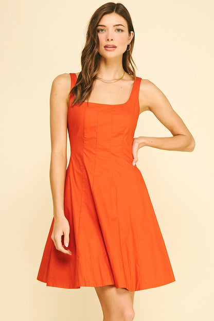 Square Neck Flared Mini Dress - Rust