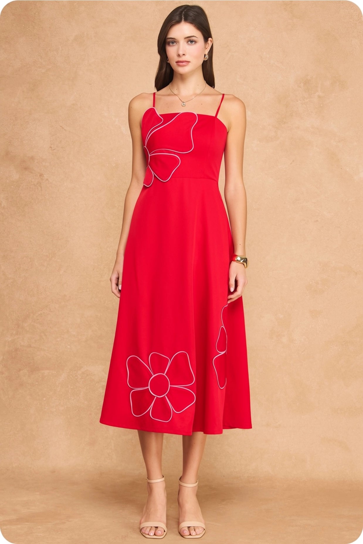 Oversized Floral Appliqué Piping Sleeveless Midi Dress - Red/Pink