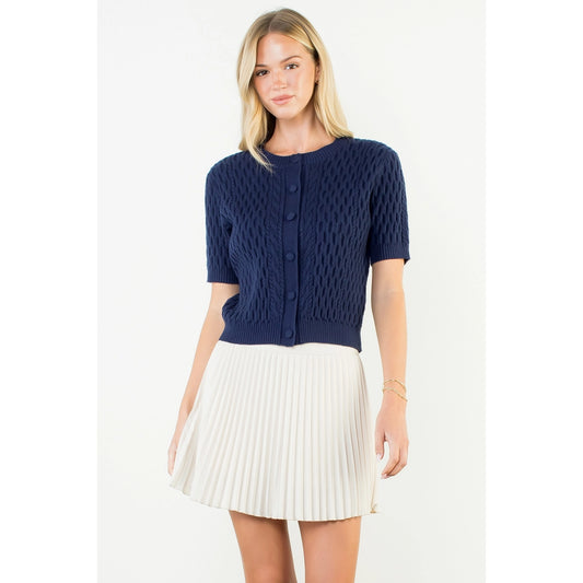 Short Sleeve Button Knit Top - Navy