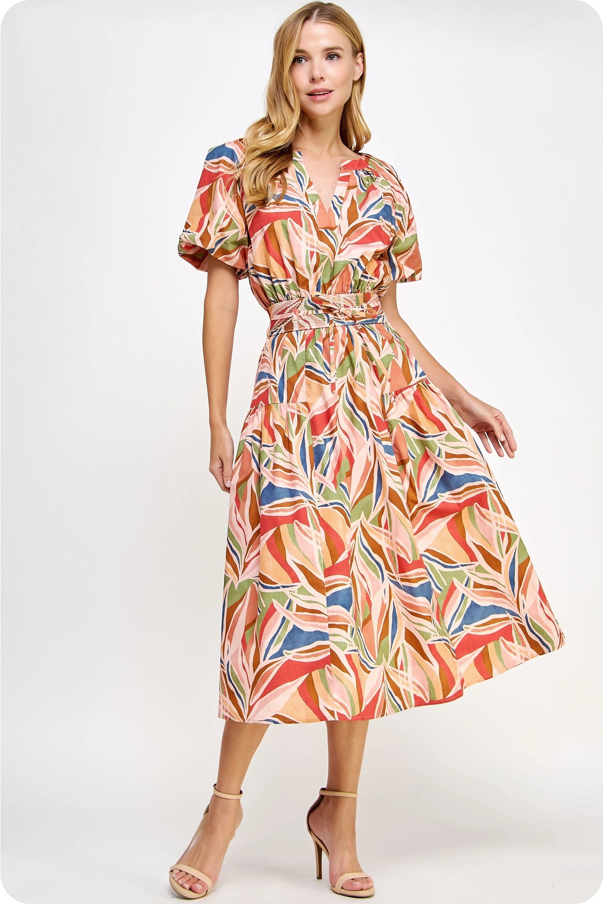 Puff Sleeve Print Midi Dress - Multi