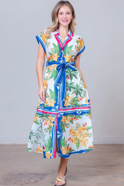 Button  Midi Dress - Ivory/Multi - Spinout