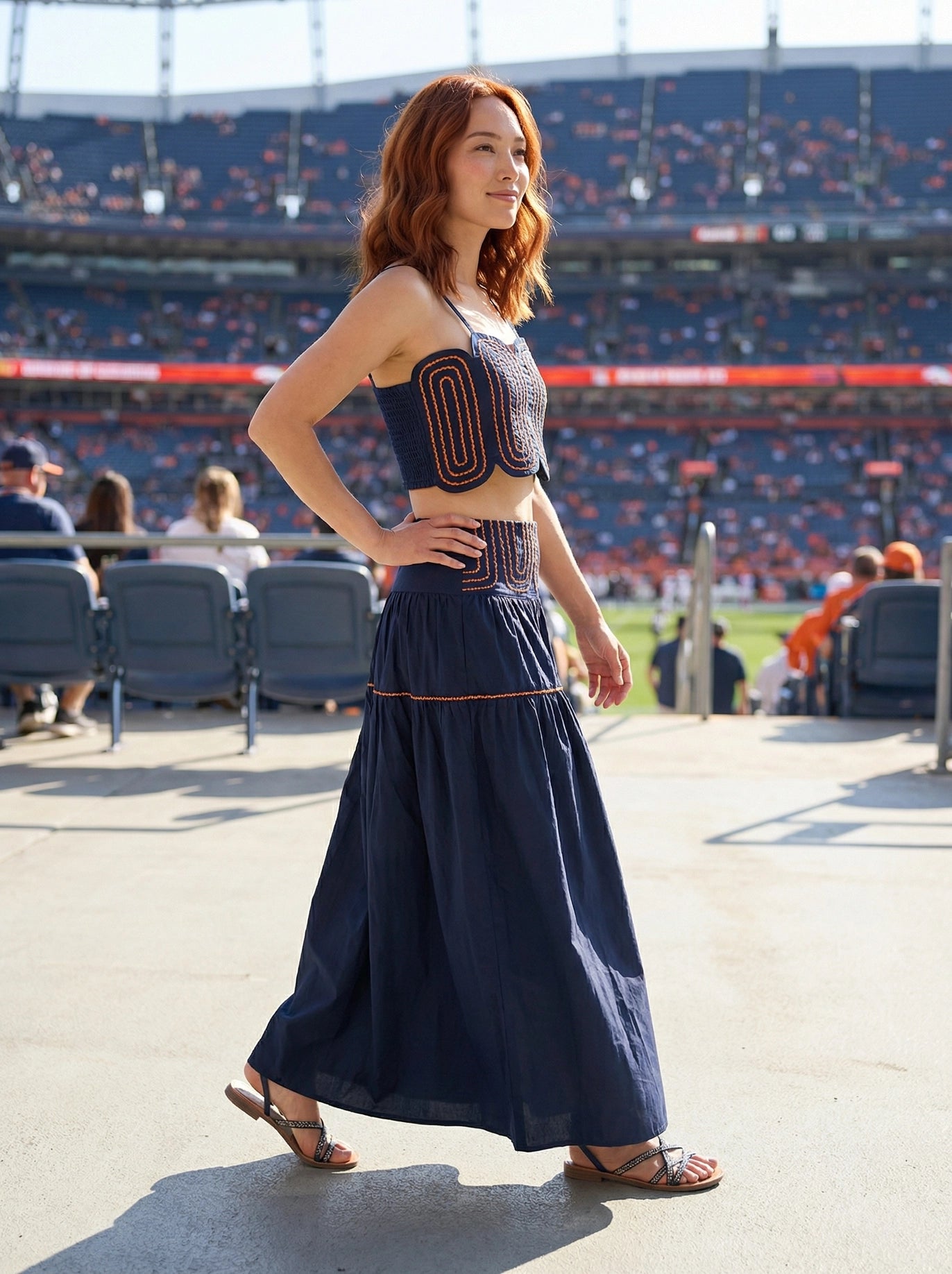 Exclusive Lace Trimmed Top & Skirt Set - Navy/Orange